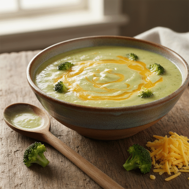 Crema de brócoli y queso cheddar en bowl blanco, con crutones y extra de queso, luz natural destacando su color verde.