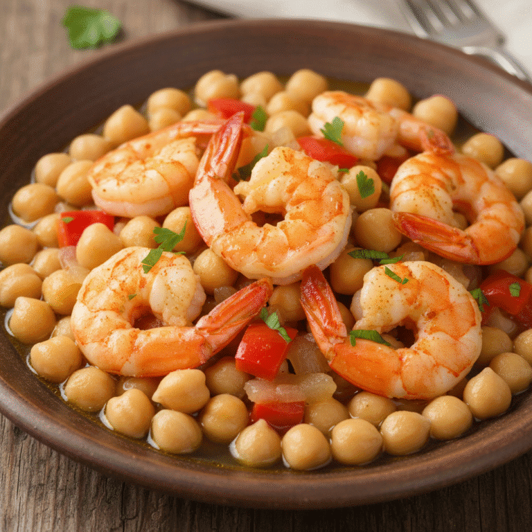 Un plato de garbanzos guisados con langostinos, cocinados a la perfección en un Mambo de Cecotec.