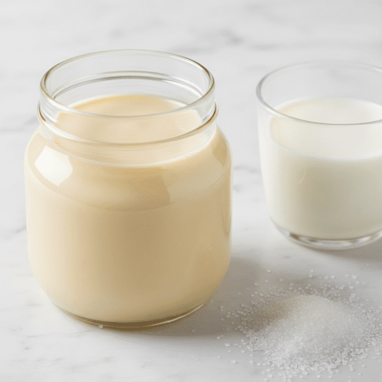 Tarro de leche condensada casera sobre una mesa de madera, preparada con Mambo de Cecotec.