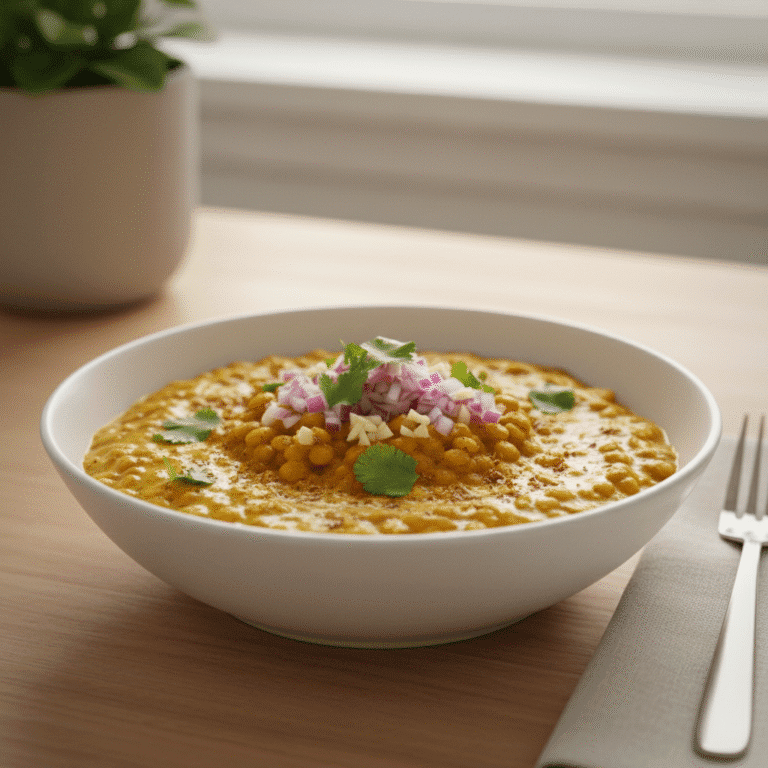 Plato de lentejas al curry con leche de coco, cocinadas con el Mambo de Cecotec, adornado con coriandro.
