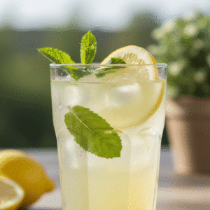 Jarra y vasos de limonada de hierbabuena, con rodajas de limón y hielo, preparada con Mambo.