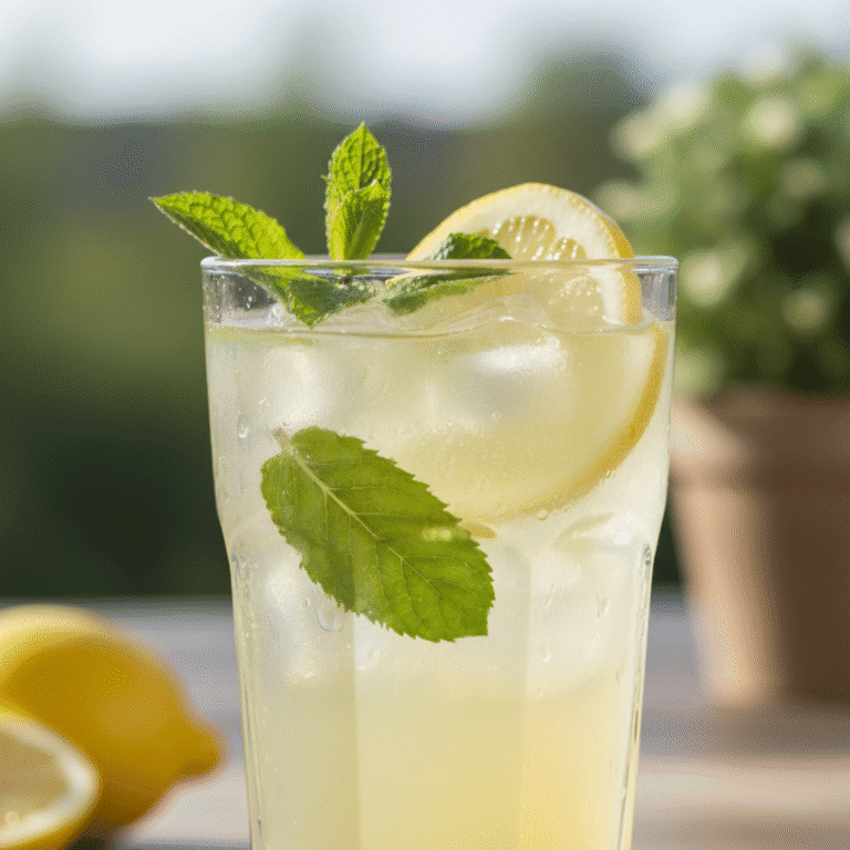 Jarra y vasos de limonada de hierbabuena, con rodajas de limón y hielo, preparada con Mambo.