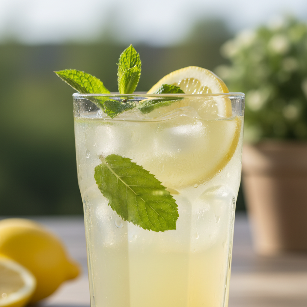 Jarra y vasos de limonada de hierbabuena, con rodajas de limón y hielo, preparada con Mambo.