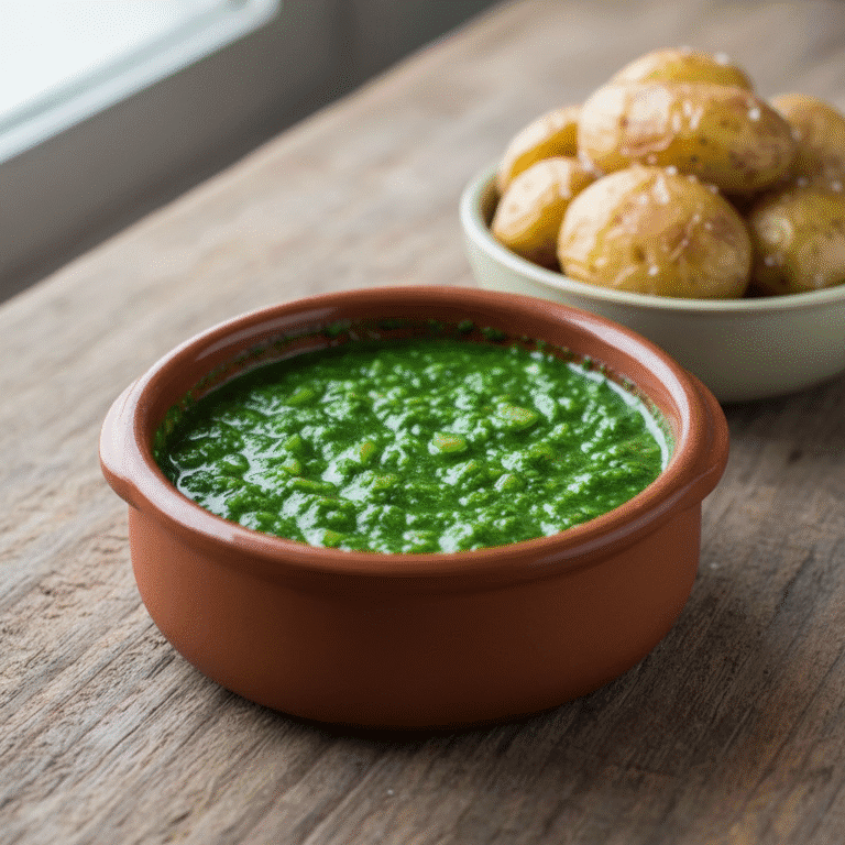 Bol de mojo verde de cilantro con ingredientes frescos en el fondo, preparado con Mambo de Cecotec.