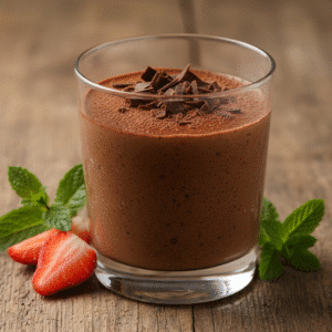 Imagen de mousse de chocolate esponjosa preparada con Mambo, decorada con menta y virutas de chocolate.