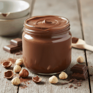 Nutella casera en un frasco abierto, con una cuchara sumergida, elaborada con el robot Mambo de Cecotec.
