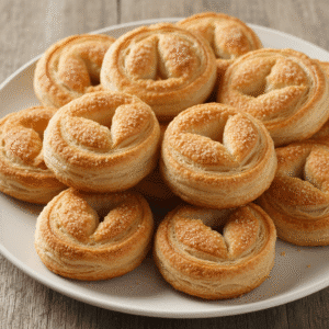 Palmeritas de hojaldre doradas y crujientes, espolvoreadas con azúcar, servidas en un plato elegante.