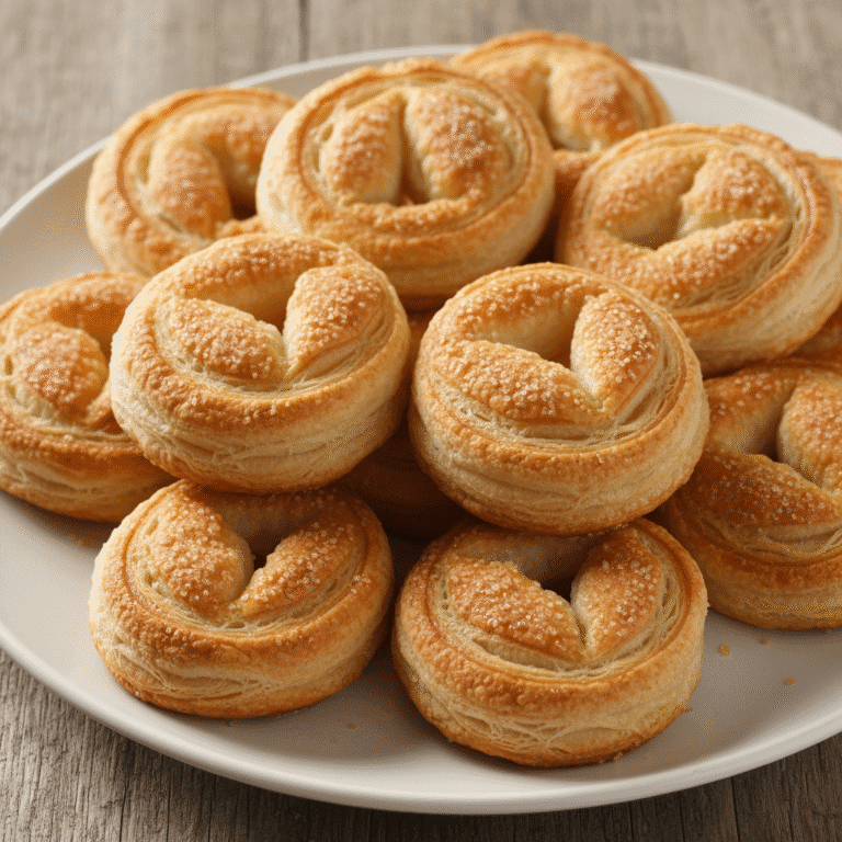 Palmeritas de hojaldre doradas y crujientes, espolvoreadas con azúcar, servidas en un plato elegante.