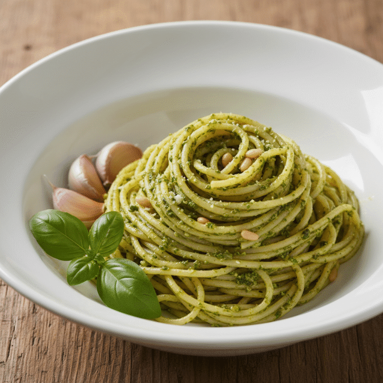 Bol de cerámica con pesto genovés brillante y verde, piñones y hojas de albahaca a su alrededor.