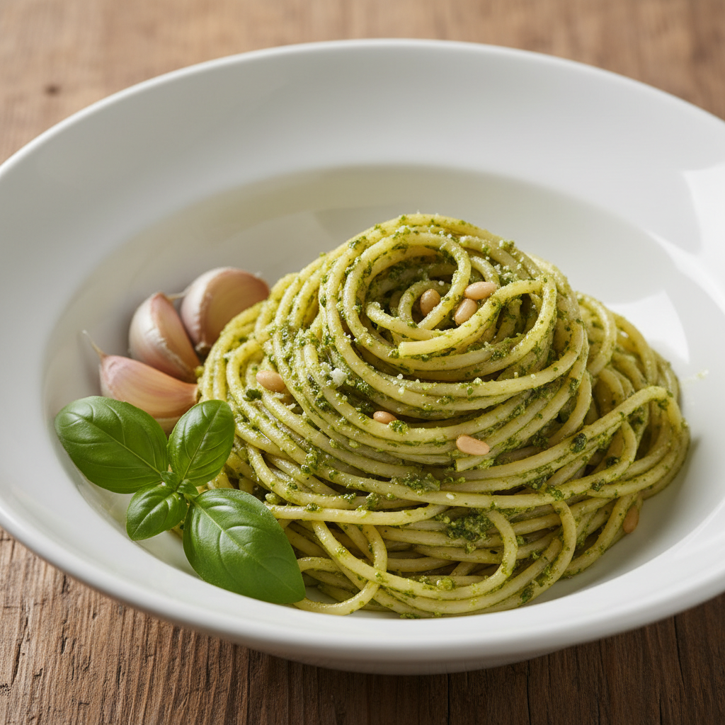 Bol de cerámica con pesto genovés brillante y verde, piñones y hojas de albahaca a su alrededor.