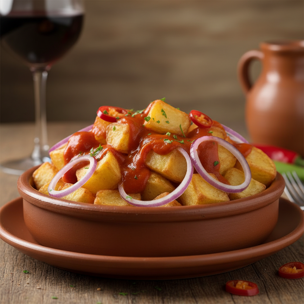 Cuenco de salsa brava madrileña, picante y deliciosa, hecha con Mambo de Cecotec.