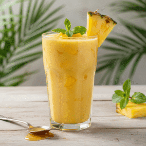 Smoothie de mango y piña en vaso alto, preparado con Mambo de Cecotec, decorado con piña y menta.