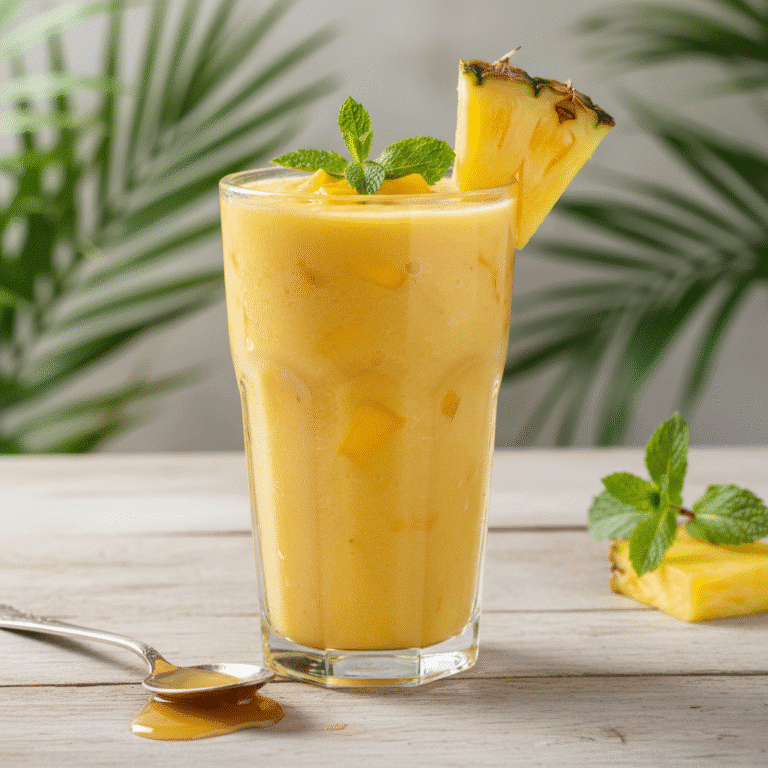 Smoothie de mango y piña en vaso alto, preparado con Mambo de Cecotec, decorado con piña y menta.