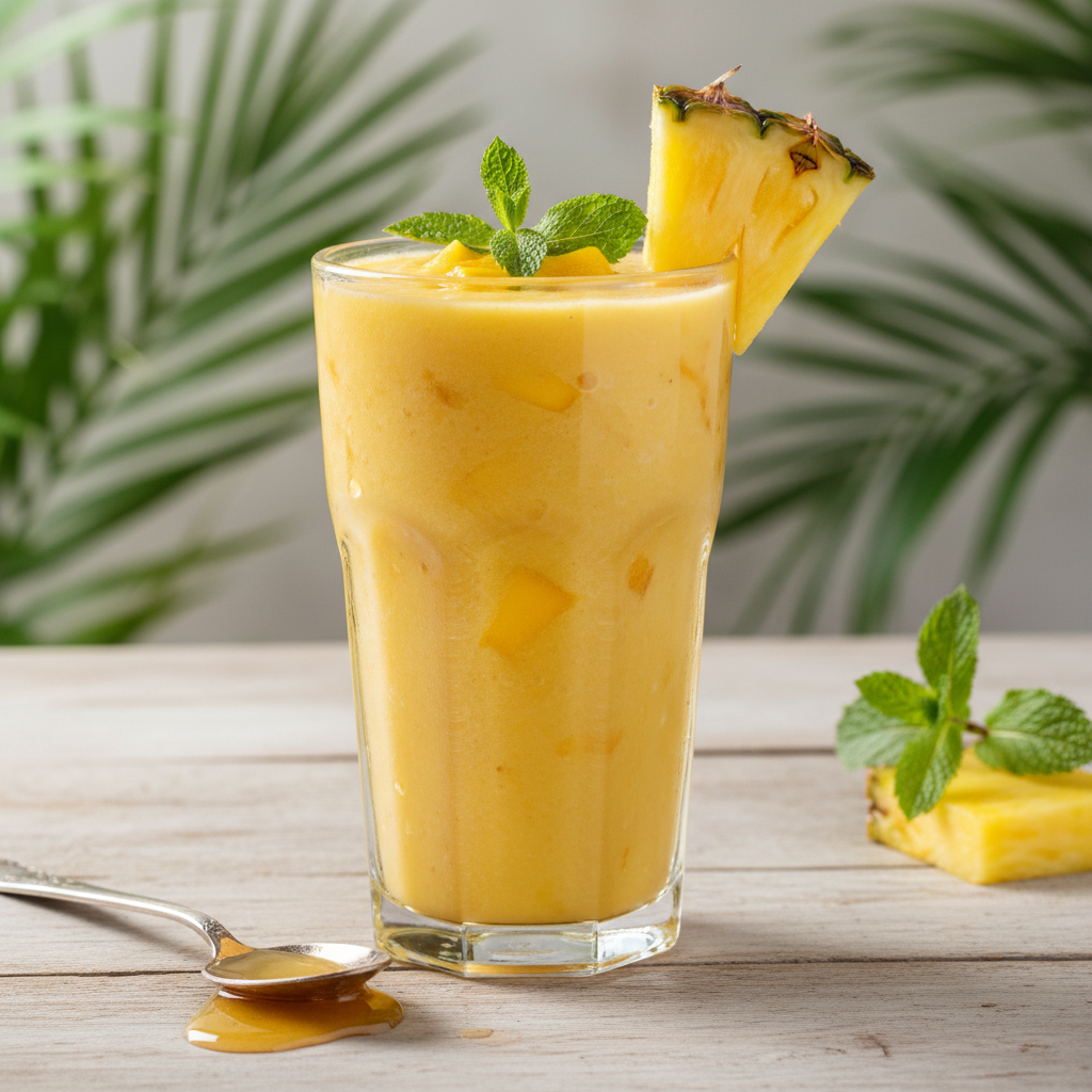 Smoothie de mango y piña en vaso alto, preparado con Mambo de Cecotec, decorado con piña y menta.