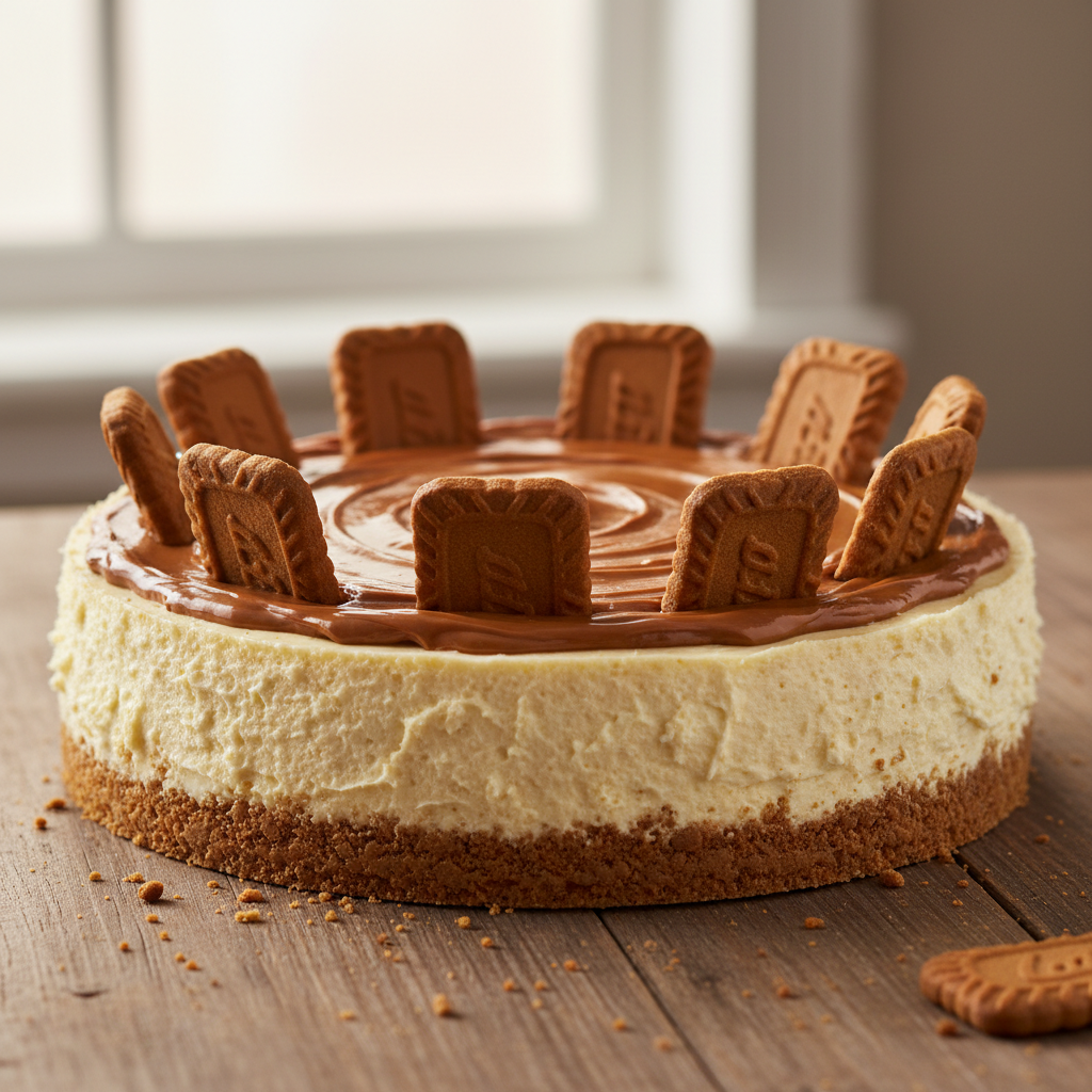 Tarta de queso de Lotus con cobertura cremosa y base de galleta, preparada en un Mambo de Cecotec.