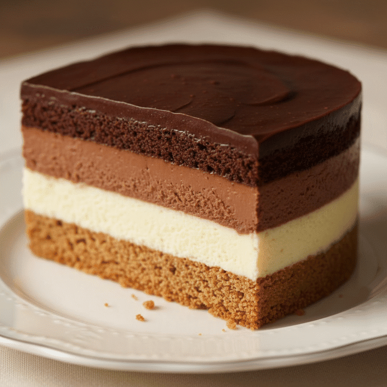 Tarta de tres chocolates con capas visibles de chocolate oscuro, leche y blanco, hecha con Mambo.