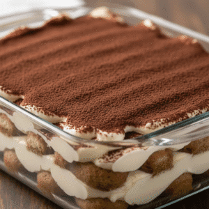 Tiramisú con mascarpone y capas visibles, espolvoreado con cacao, preparado con Mambo.
