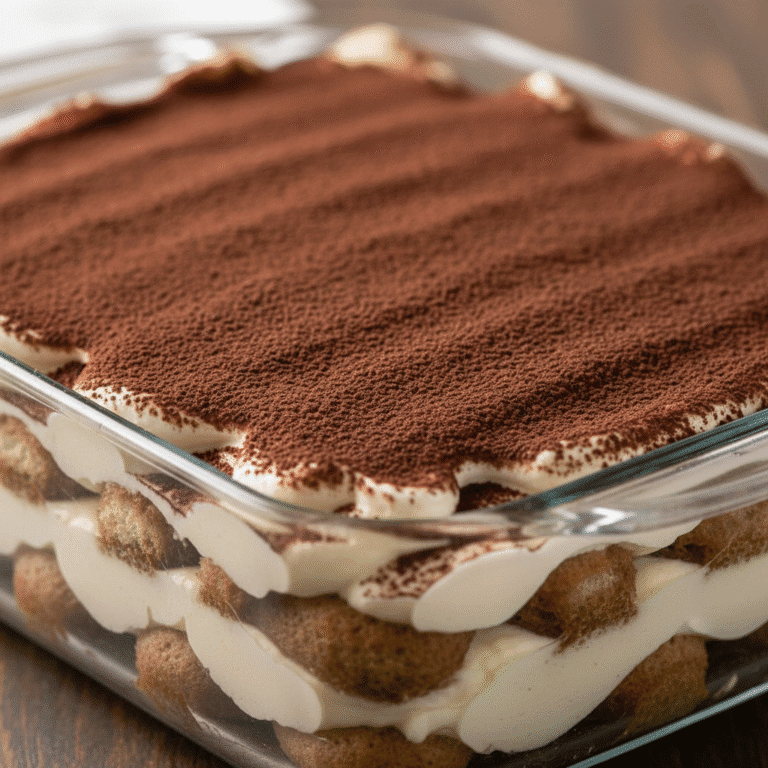 Tiramisú con mascarpone y capas visibles, espolvoreado con cacao, preparado con Mambo.