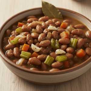 Plato de alubias pintas estofadas con verduras, cocinado en el Mambo de Cecotec.