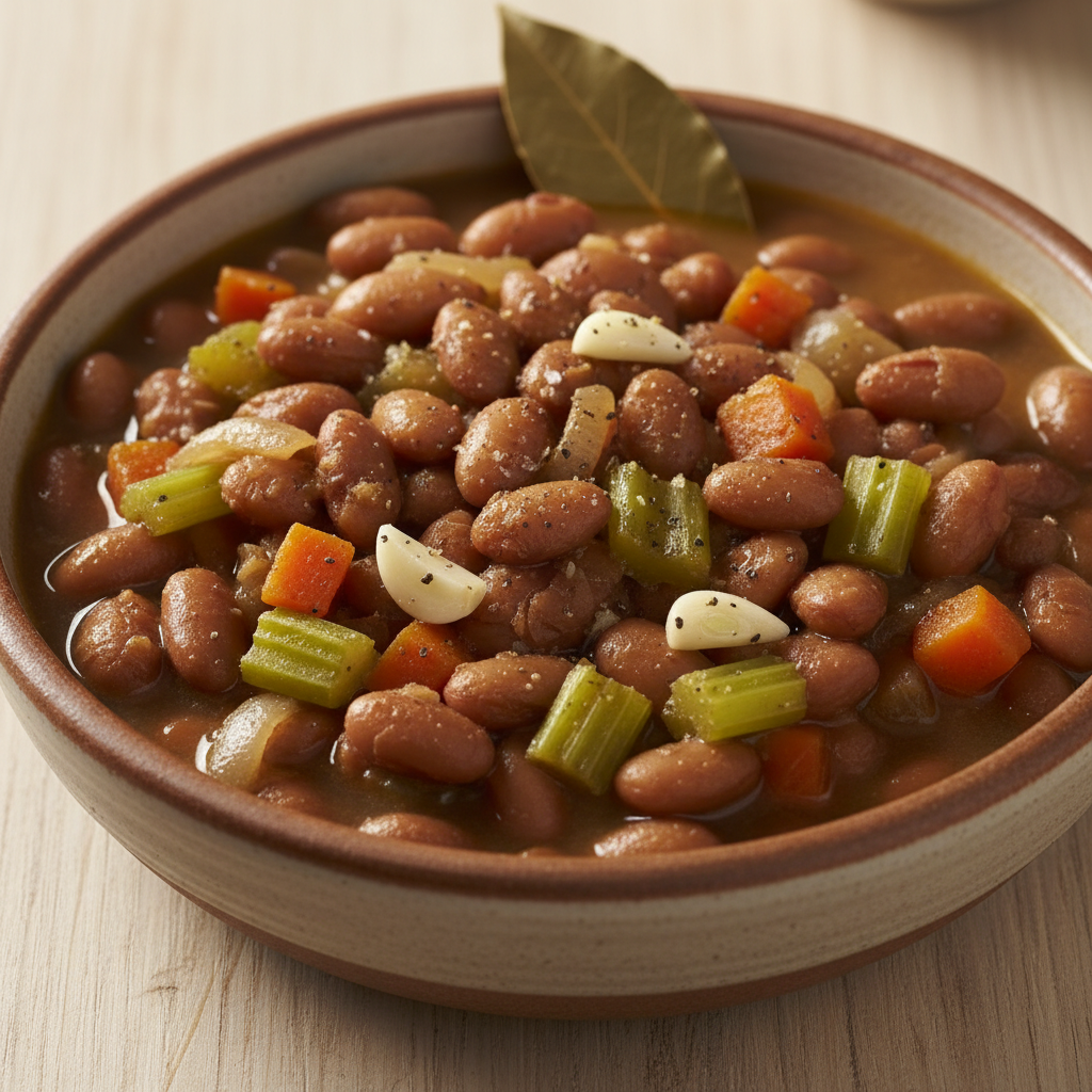Plato de alubias pintas estofadas con verduras, cocinado en el Mambo de Cecotec.