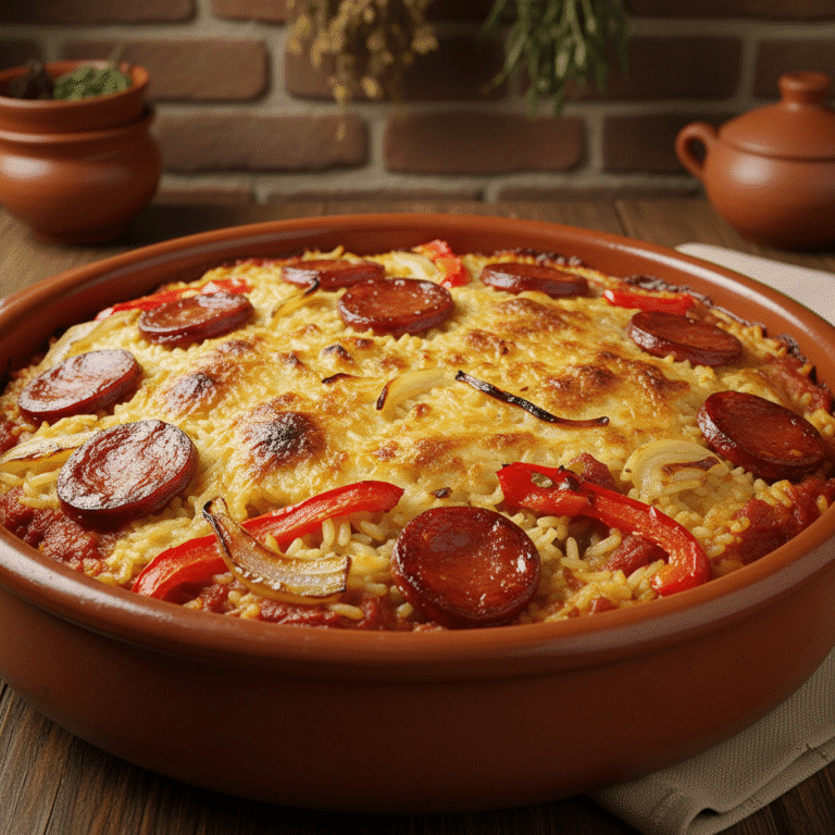Arroz al horno con chorizo y verduras, cocinado en un Mambo de Cecotec, mostrando una superficie dorada y crujiente.