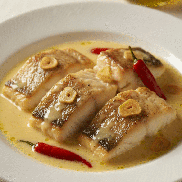 Bacalao al pil-pil en un plato blanco, con salsa cremosa y dorada, preparado con Mambo.