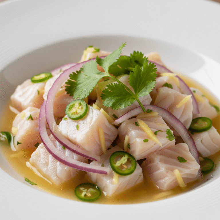 Plato de ceviche peruano con corvina, limón y cilantro, preparado con Mambo de Cecotec.