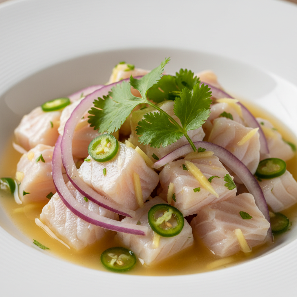 Plato de ceviche peruano con corvina, limón y cilantro, preparado con Mambo de Cecotec.
