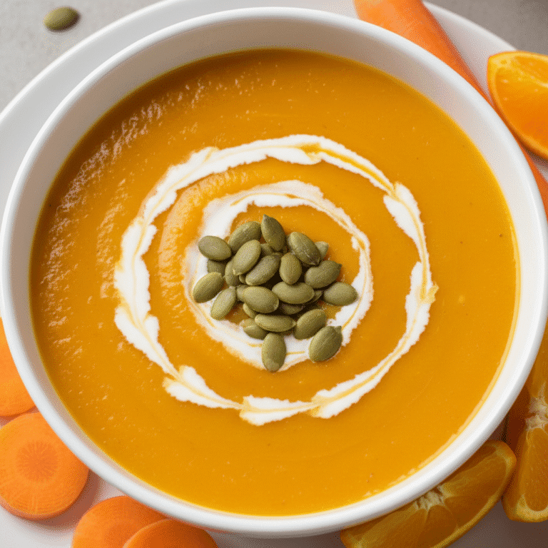Imagen de crema de zanahoria y naranja en un cuenco blanco, con un toque de crema y semillas de calabaza.
