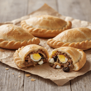 Plato de empanadas chilenas doradas preparadas con Mambo de Cecotec sobre mesa de madera.