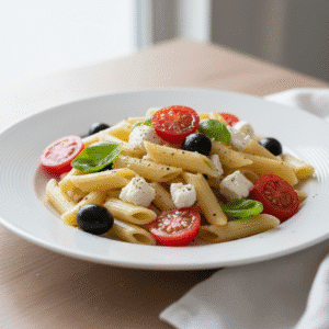Ensalada de pasta con tomates, queso feta y aceitunas, preparada con Mambo.