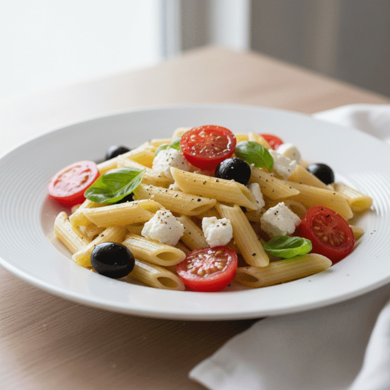 Ensalada de pasta con tomates, queso feta y aceitunas, preparada con Mambo.