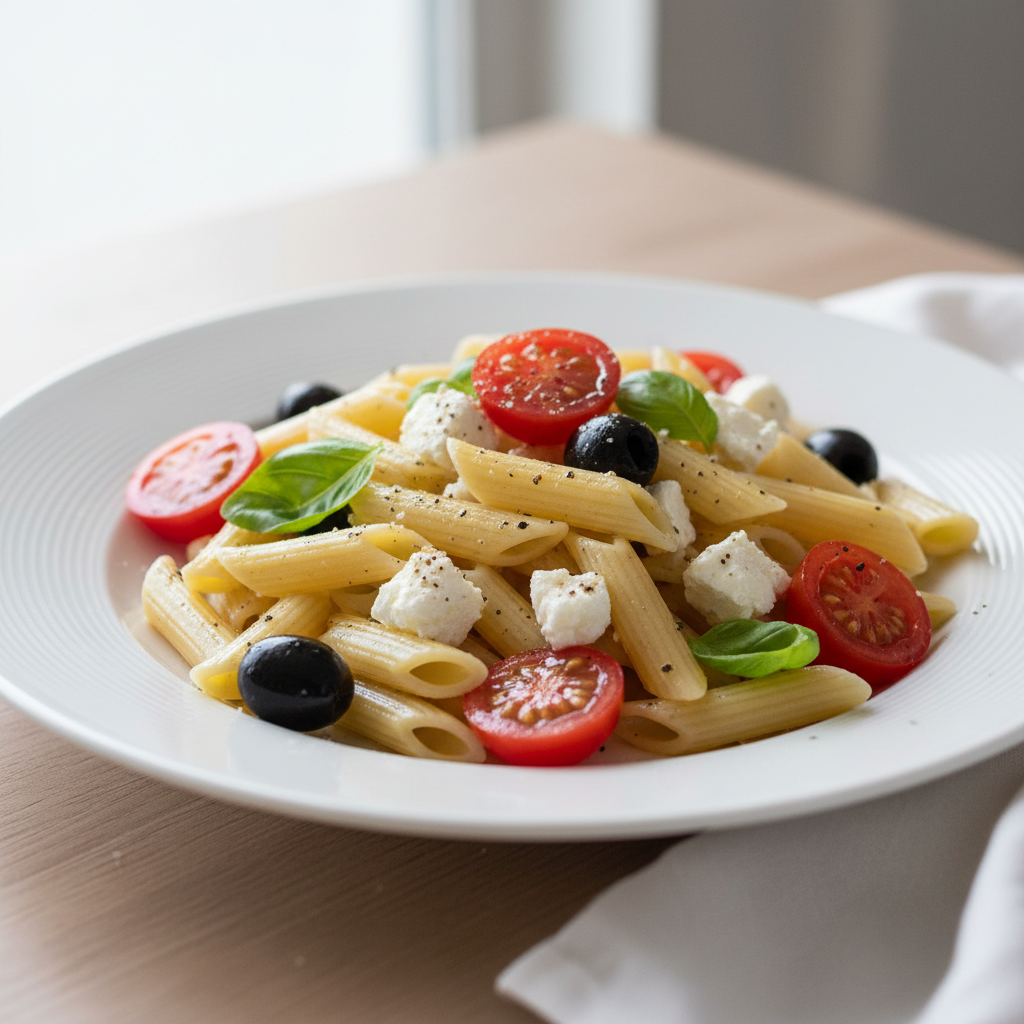Ensalada de pasta con tomates, queso feta y aceitunas, preparada con Mambo.