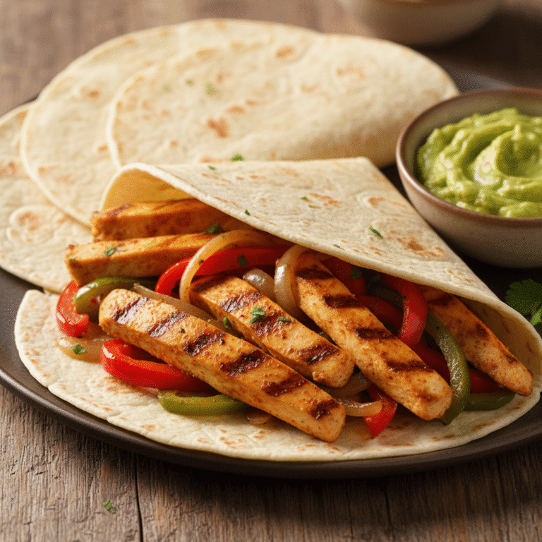 Fajitas de pollo con pimientos y cebolla cocinadas en el robot Mambo de Cecotec, servidas calientes.
