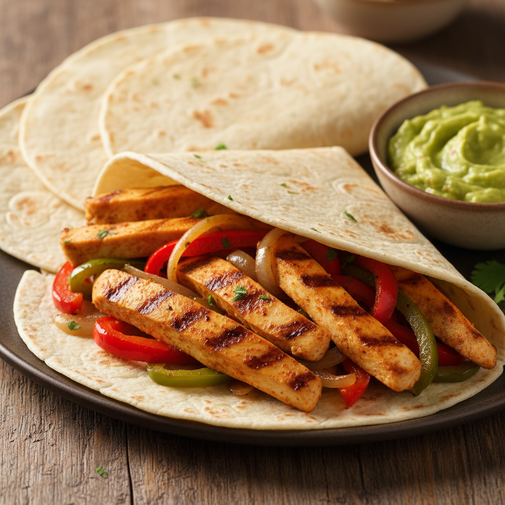 Fajitas de pollo con pimientos y cebolla cocinadas en el robot Mambo de Cecotec, servidas calientes.