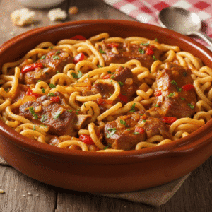 Plato de fideos a la cazuela con costillas, preparado con el robot de cocina Mambo de Cecotec, servido caliente.