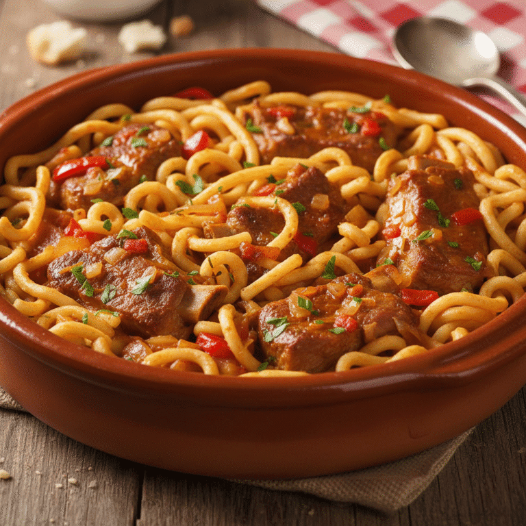 Plato de fideos a la cazuela con costillas, preparado con el robot de cocina Mambo de Cecotec, servido caliente.