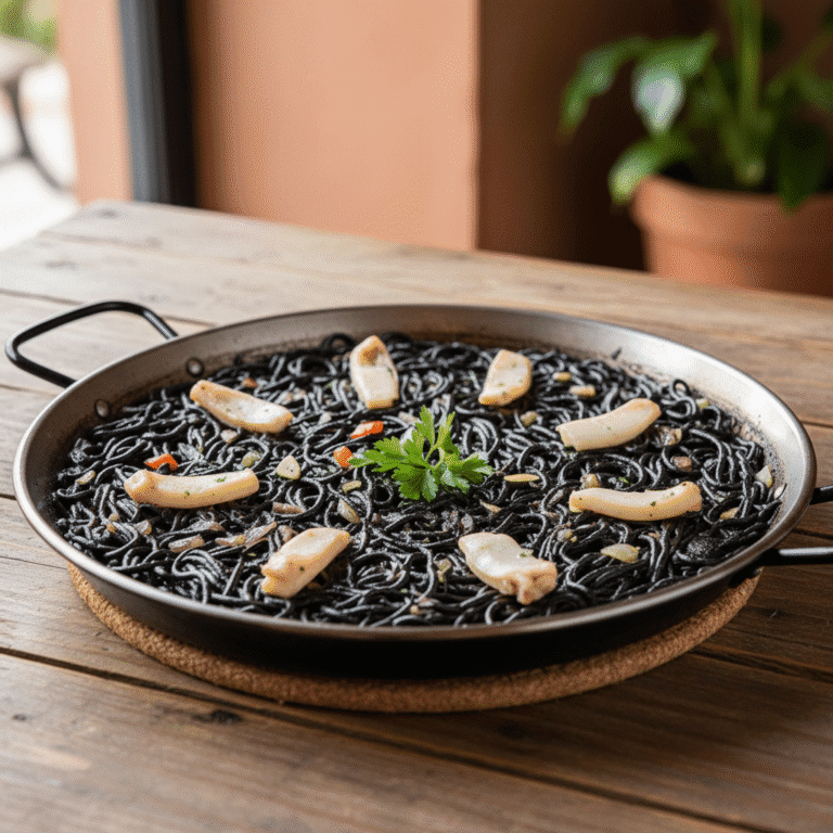 Fideuá negra con sepia y alioli, cocinada en Mambo de Cecotec, servida en paella.