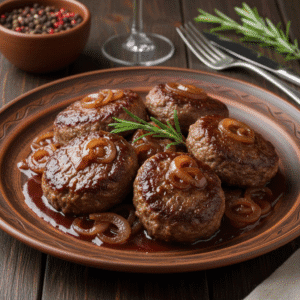 Filetes rusos en una rica salsa de vino tinto, cocinados con Mambo de Cecotec, acompañados de patatas al horno.