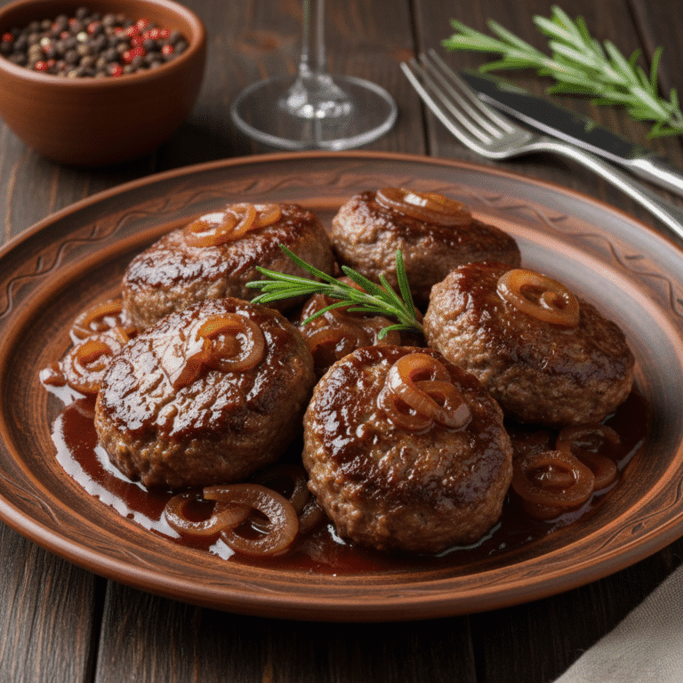 Filetes rusos en una rica salsa de vino tinto, cocinados con Mambo de Cecotec, acompañados de patatas al horno.