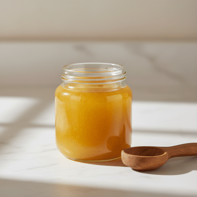 Ghee clarificado en un frasco sobre una mesa de cocina, con un Mambo de Cecotec al fondo