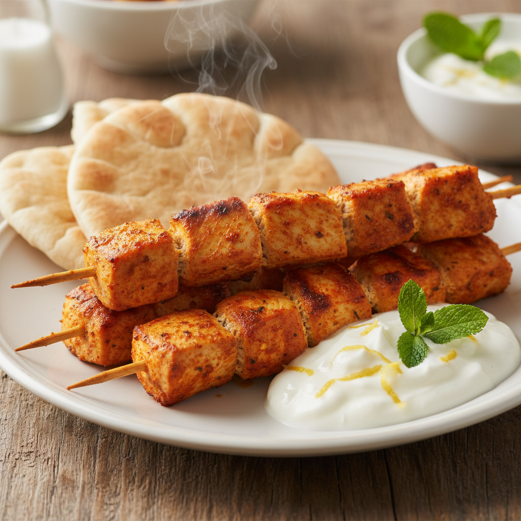 Vista de un kebab de pollo casero en una mesa de madera, preparado con Mambo de Cecotec, acompañado de salsa de yogur.