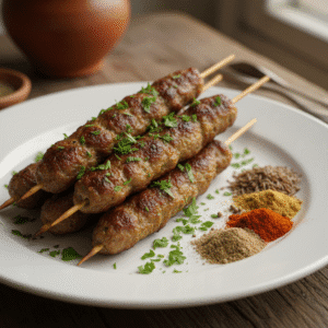 Brochetas de kefta de ternera cocinadas con el robot Mambo de Cecotec, servidas en un plato rústico.