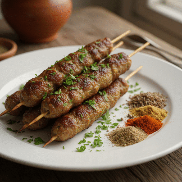 Brochetas de kefta de ternera cocinadas con el robot Mambo de Cecotec, servidas en un plato rústico.
