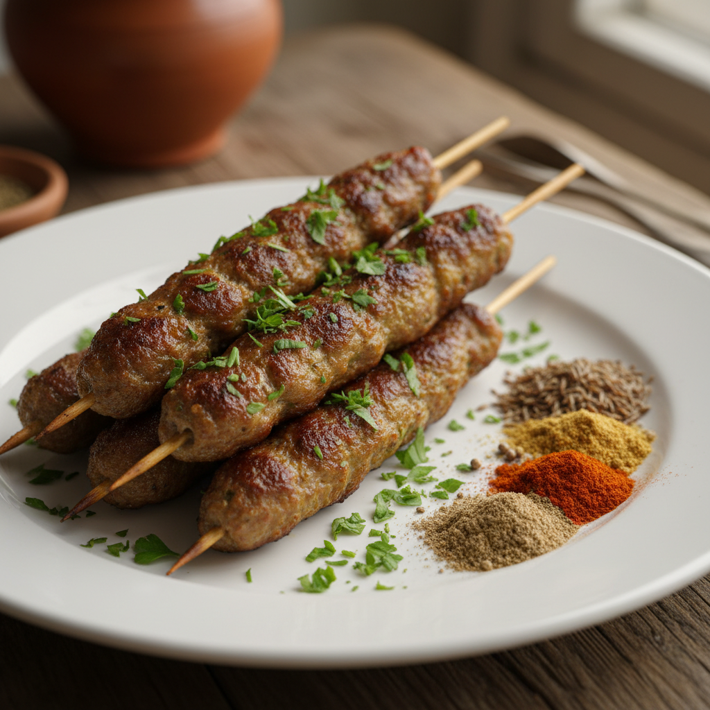 Brochetas de kefta de ternera cocinadas con el robot Mambo de Cecotec, servidas en un plato rústico.
