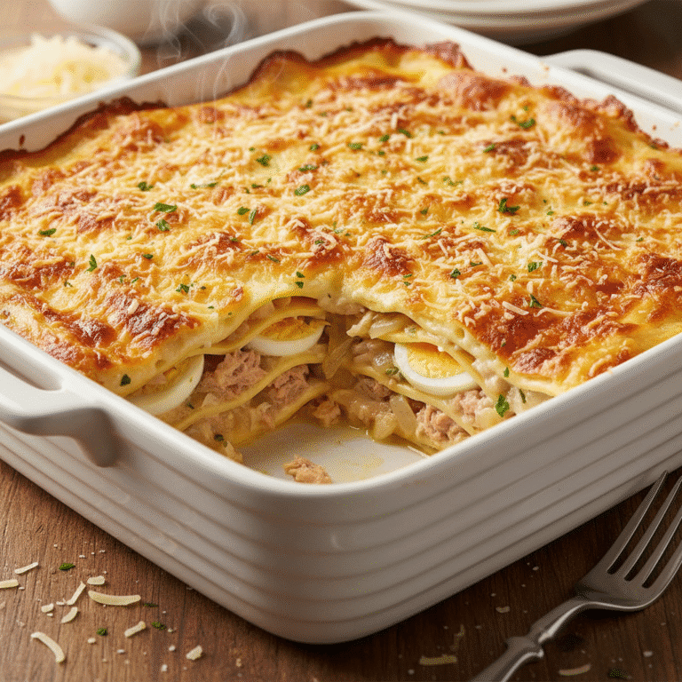 Lasaña de atún y huevo con capas de bechamel cremosa y queso dorado, preparada con Mambo de Cecotec.