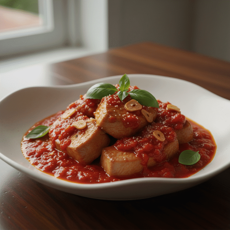 Plato de magro de cerdo con tomate, cocinado a la perfección con el Mambo de Cecotec, mostrando carne jugosa y salsa rica.