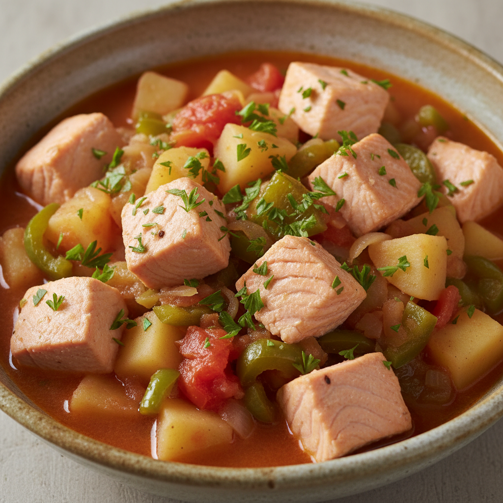 Un cuenco de marmitako de salmón, cocinado en Mambo de Cecotec, con perejil fresco encima.