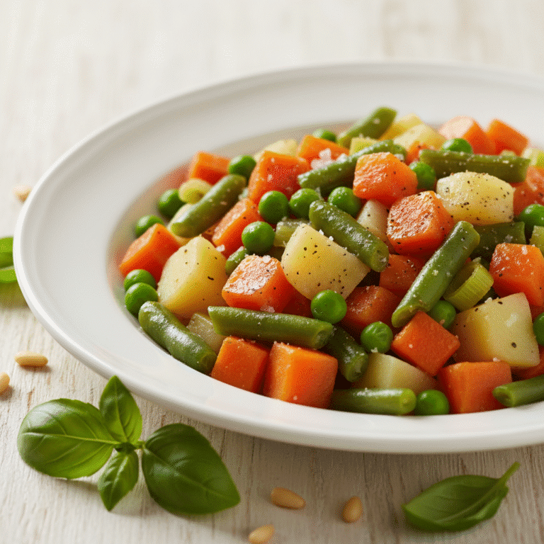 Menestra de verduras variadas en un plato blanco, cocinadas al punto con el robot Mambo de Cecotec.