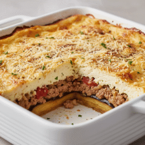 Moussaka griega en fuente para horno, con capas de berenjena y carne, recién salida del horno.